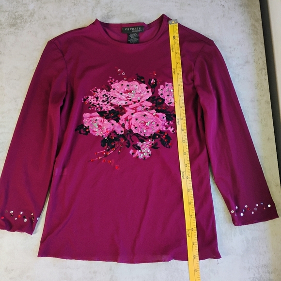 Vintage Express Top Womens Small Burgundy Y2K Floral Rhinestone Sheer Mesh - Picture 9 of 11